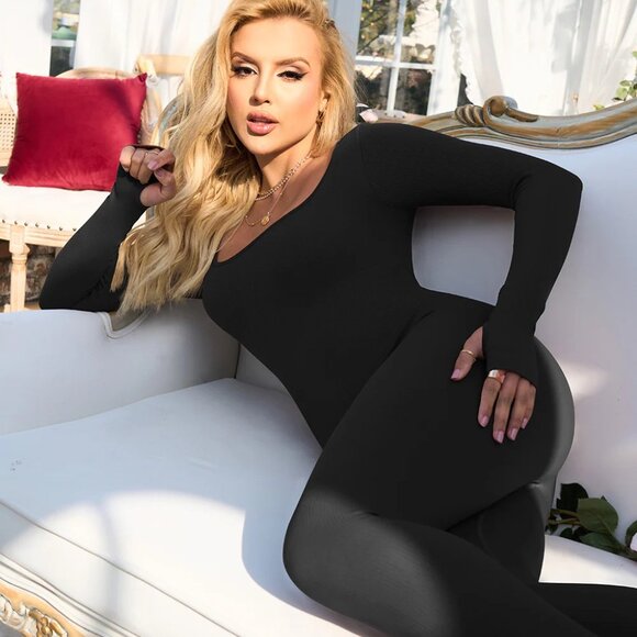 NEW! OQQ Ribbed Knit Seamless Long Sleeve Workout Gym Yoga Jumpsuit One Piece - Picture 4 of 8